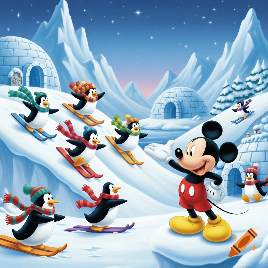 Mickey Mouse waves as penguins ski down snowy hills with igloos and mountains under a starry night sky in a whimsical cartoon style.