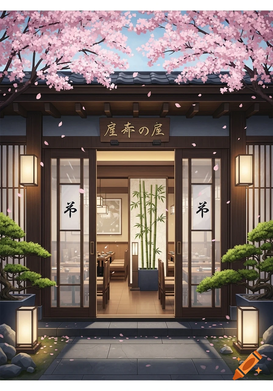 A stylized Japanese restaurant entrance with sliding wooden doors, a traditional tiled roof, cherry blossoms overhead, and bonsai trees.