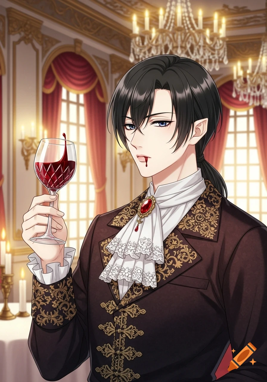 A feminine anime vampire with blood on his mouth pouting and holding a glass of blood in an opulent room.