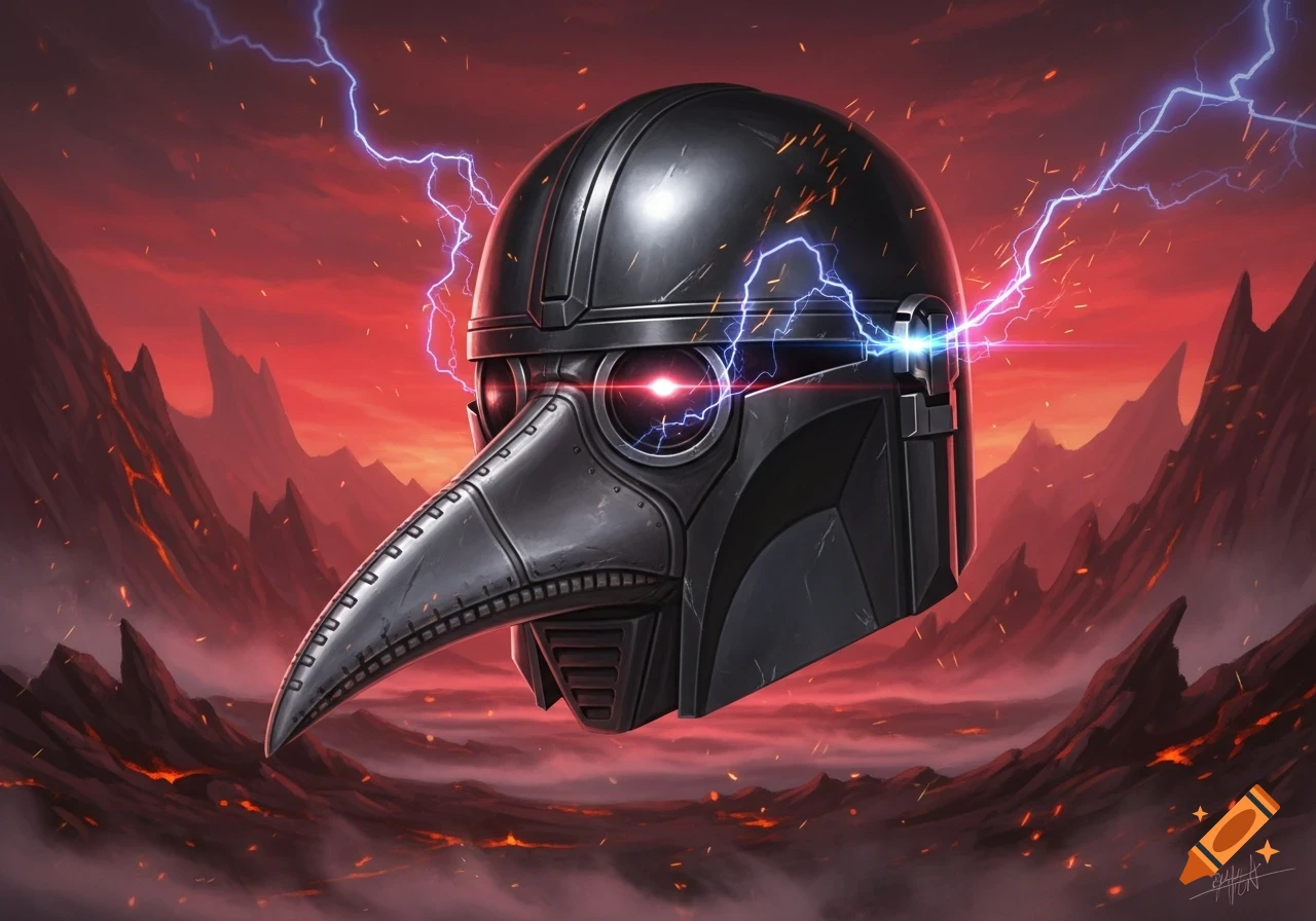 A dark metallic mask with glowing red eyes, combining plague doctor and Mandalorian styles, surrounded by lightning in a fiery volcanic landscape.