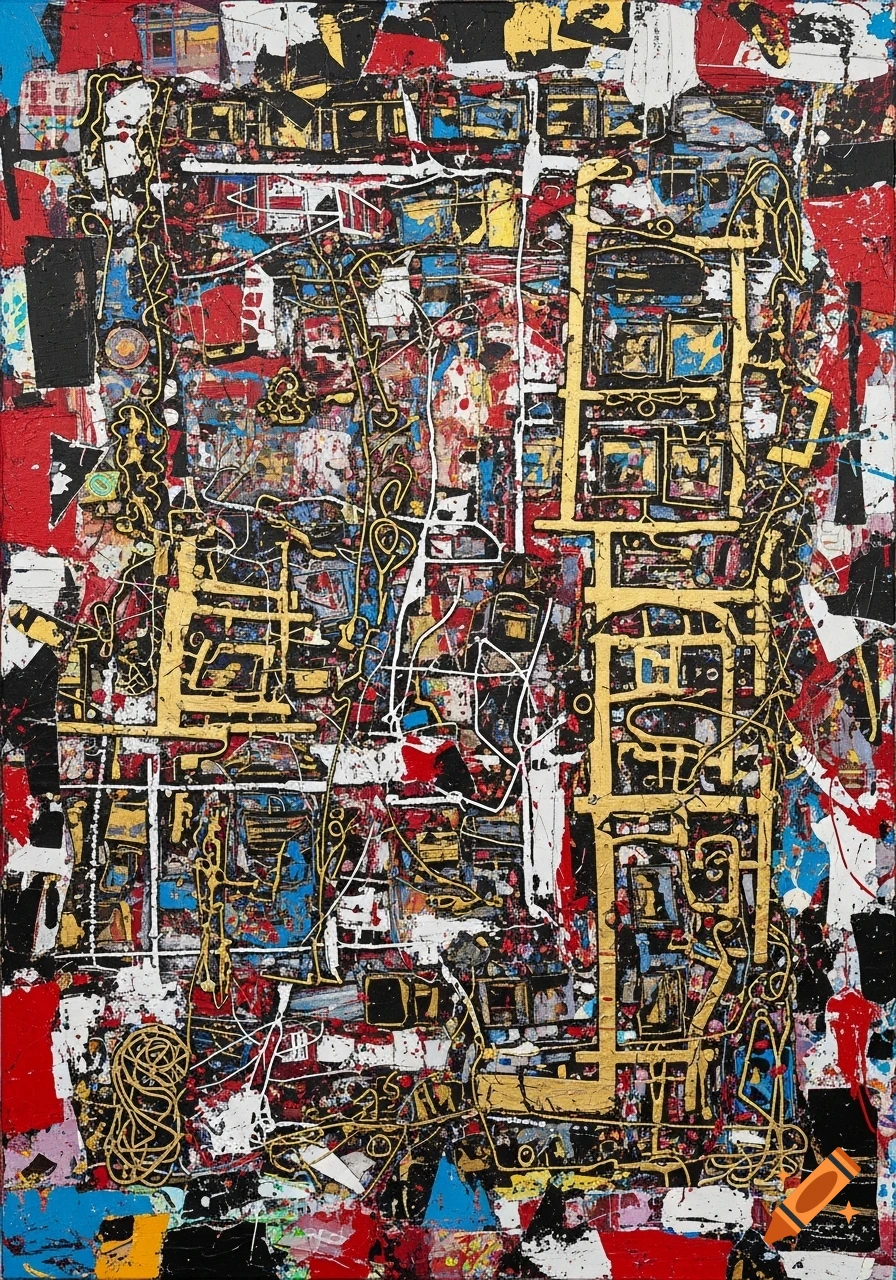 An abstract, textured painting with a busy composition of red, black, blue, and yellow patches, overlaid with intricate gold and white lines and shapes.