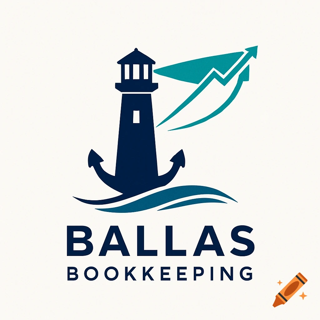 A minimalist logo for Ballas Bookkeeping, featuring a deep blue lighthouse with an anchor base and a teal, upward-trending financial graph beam on a white background.