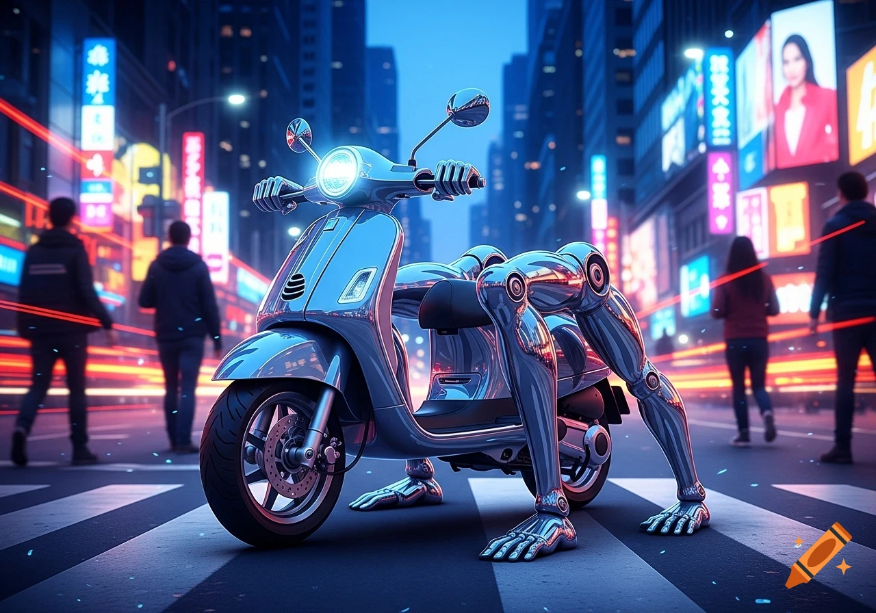 A chrome motor scooter with robot arms and legs instead of wheels, on a crosswalk in a futuristic neon cityscape at night.