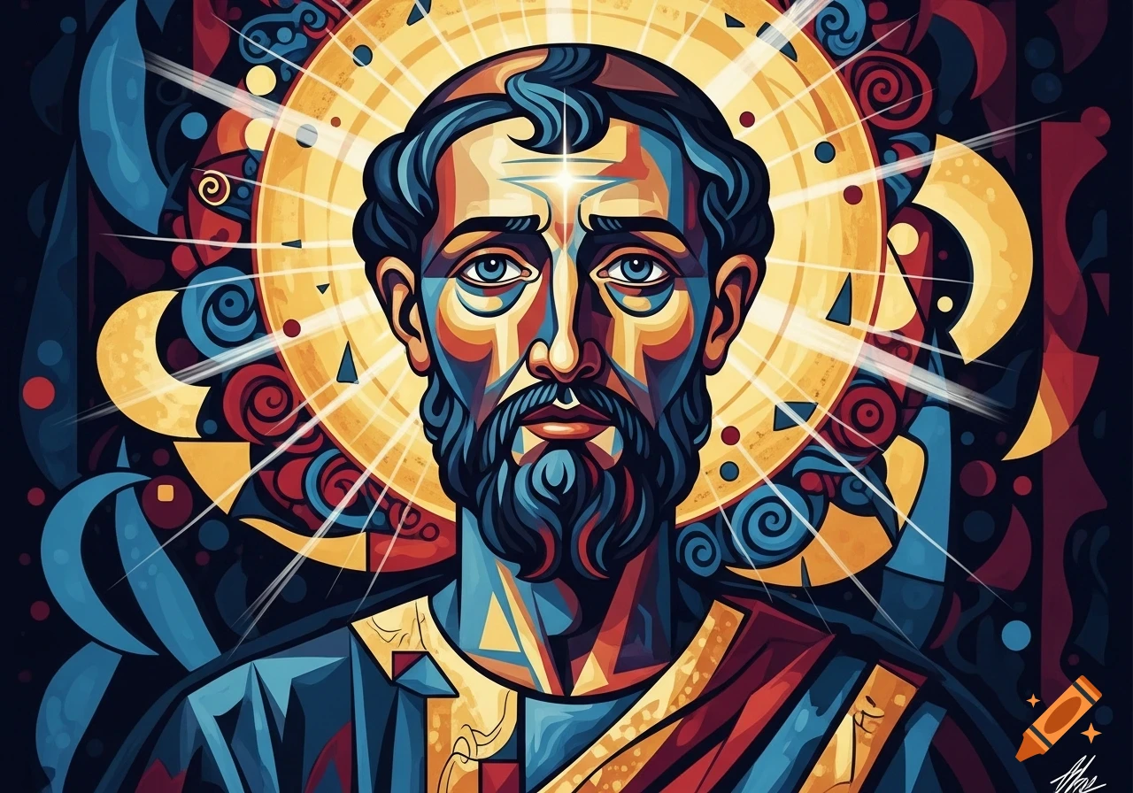 Colorful cubist portrait of a bearded man with a halo, in the style of Picasso.