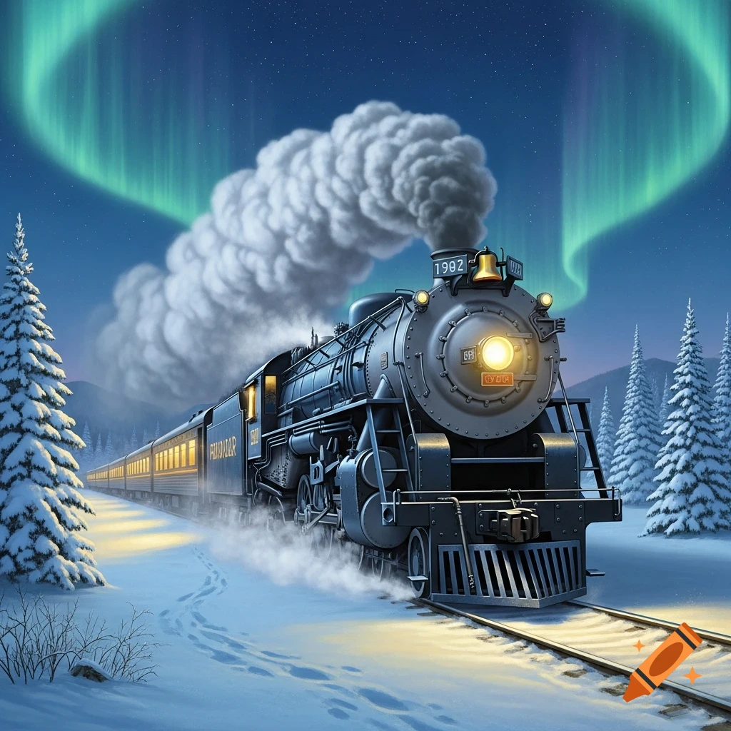 A steam train, resembling the Polar Express, travels through a snowy winter landscape under the Northern Lights at night.