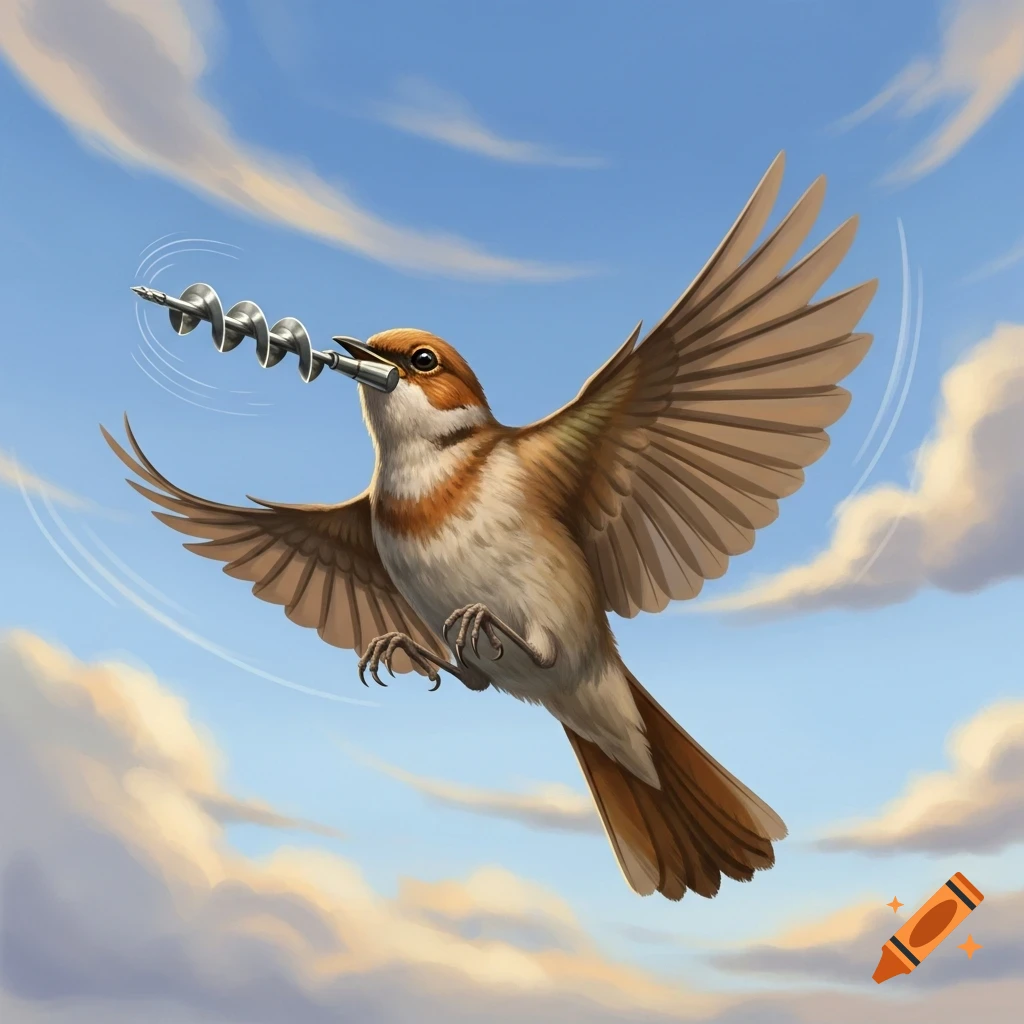 A brown and white bird flies through a blue sky with clouds, carrying a silver drill bit in its beak.
