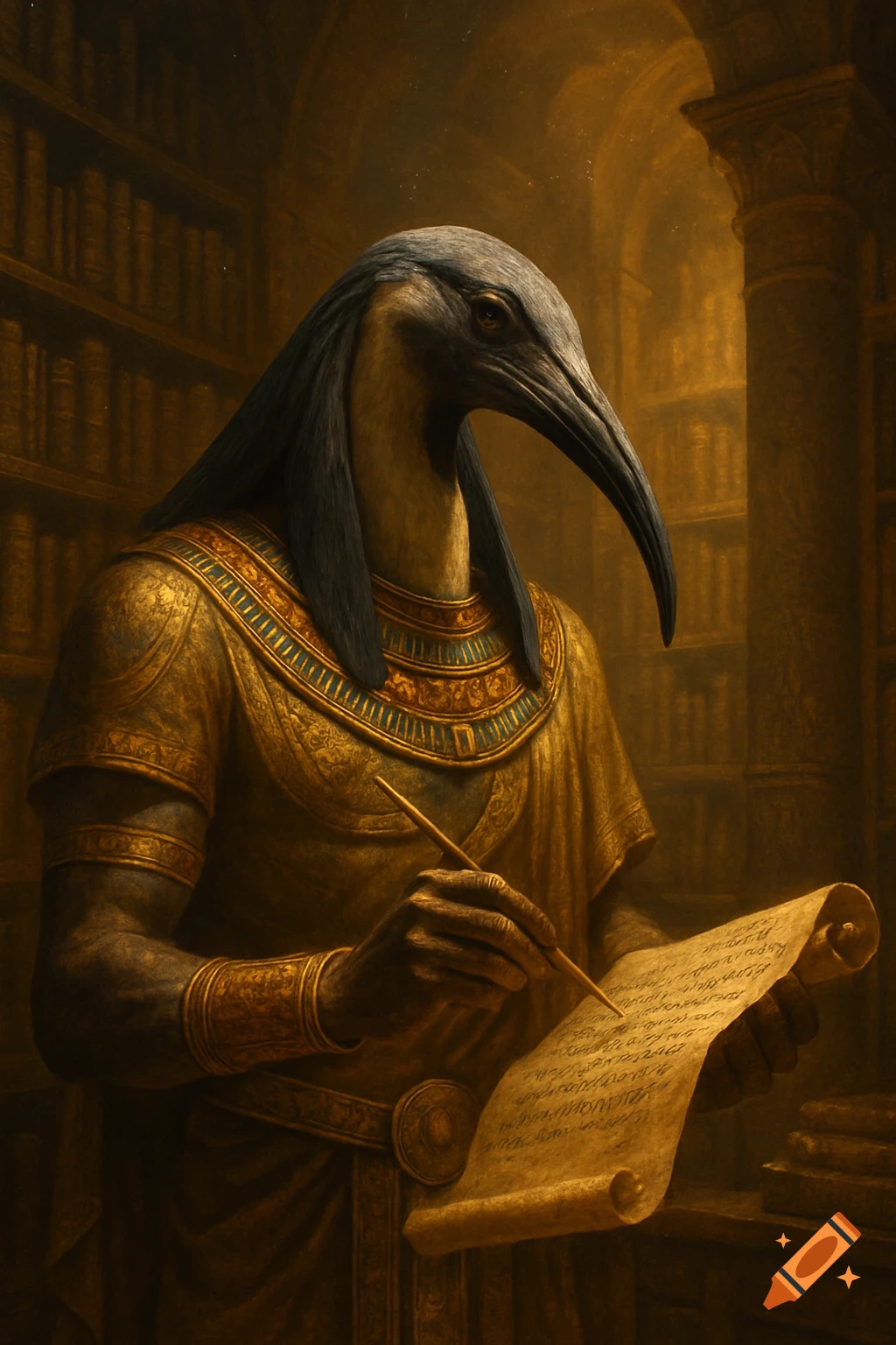 Thoth, the ancient Egyptian god with an ibis head, writes on an old scroll in a mystical, golden-lit library.