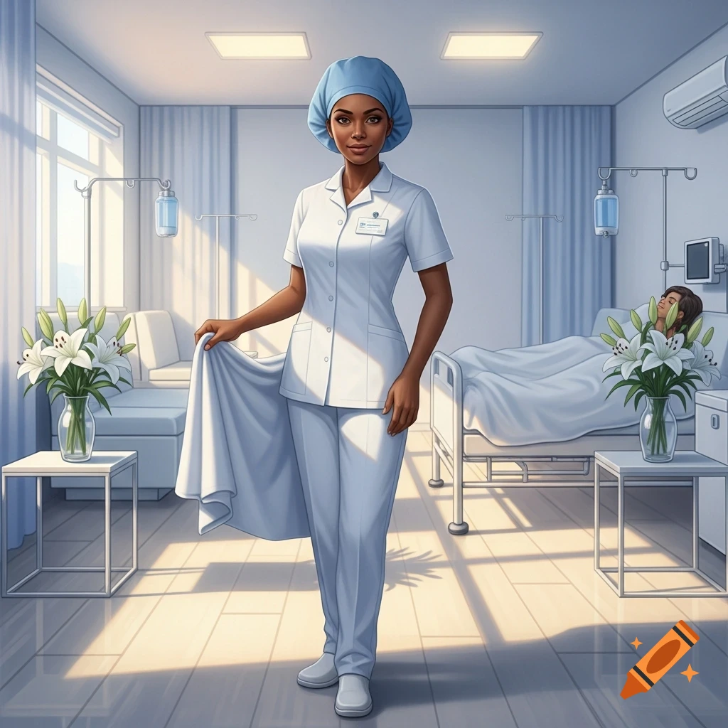 An illustrated nurse in a white uniform stands in a bright hospital room, holding a sheet, with a patient in bed.