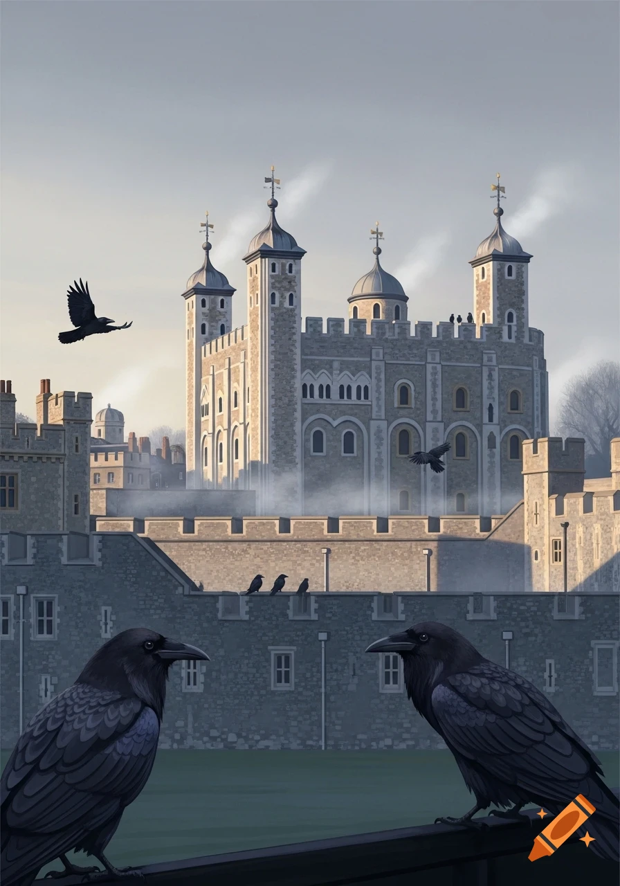 The Tower of London at sunrise, with ravens perched and flying around the historic castle under a light gray sky.