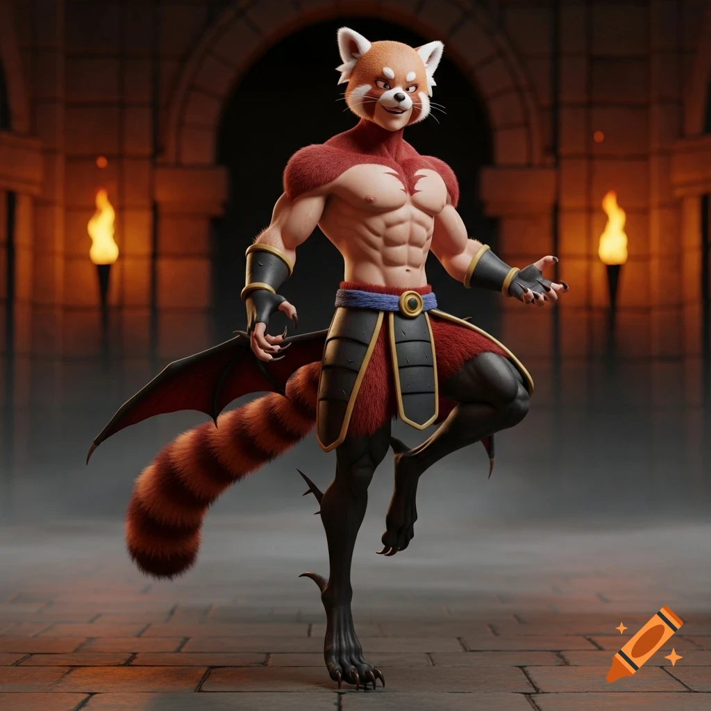 A muscular anthropomorphic red panda demon with small bat wings and armor stands in a dungeon with torches, 3D render.