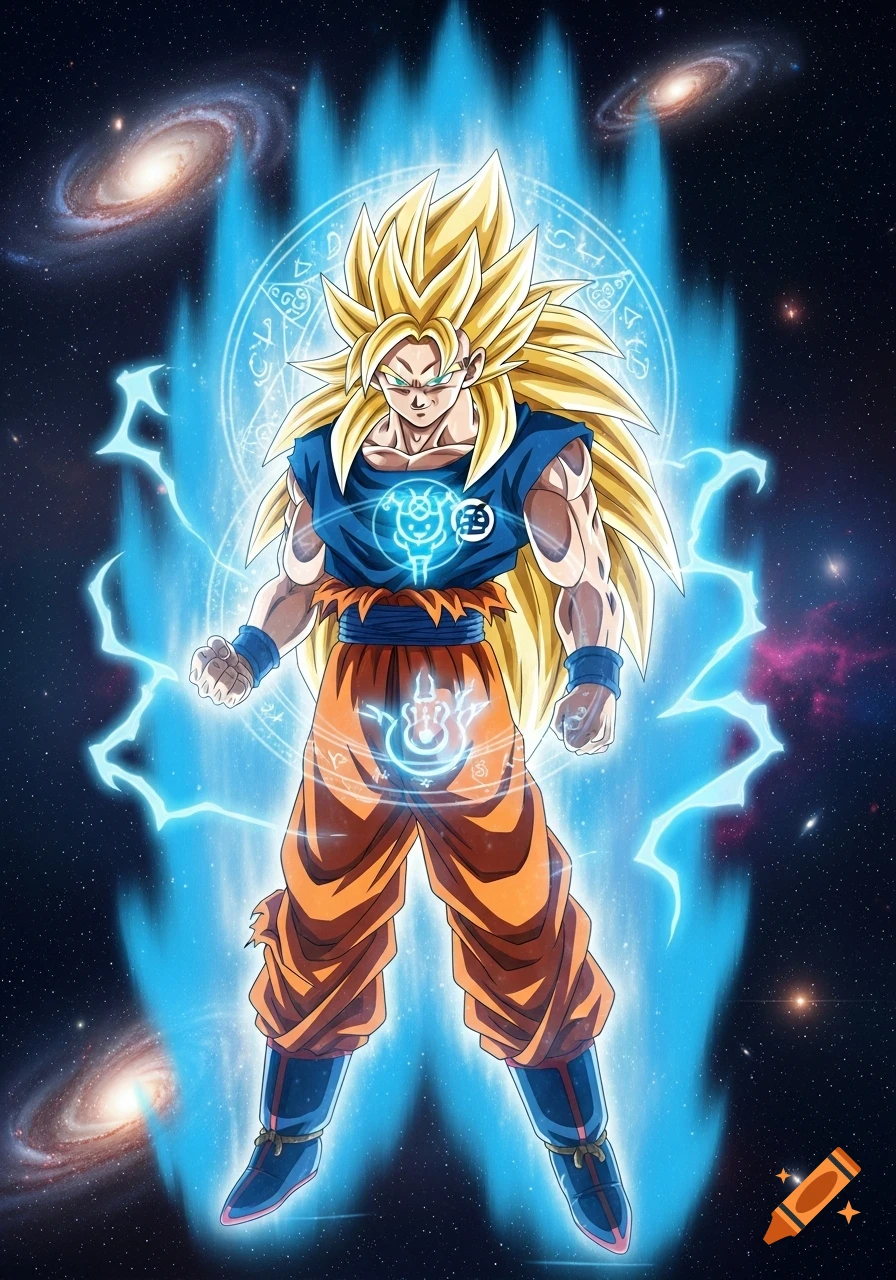 Anime depiction of Son Goku in Super Saiyan 3 form, emanating a bright blue aura against a starry galaxy background.
