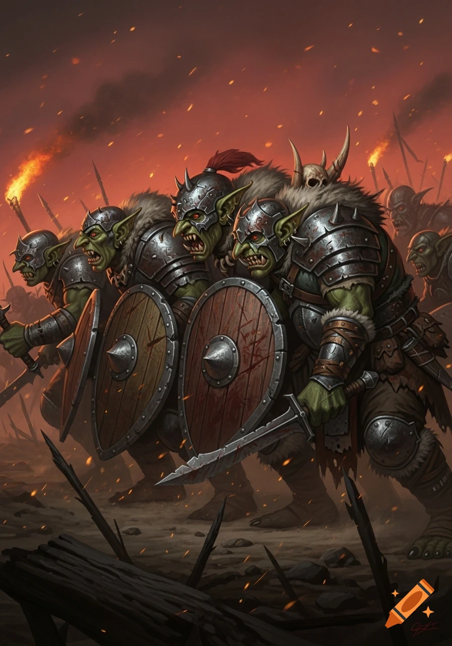 Menacing goblin warriors in armor with shields and swords charge forward on a fiery battlefield at dusk, digital painting.