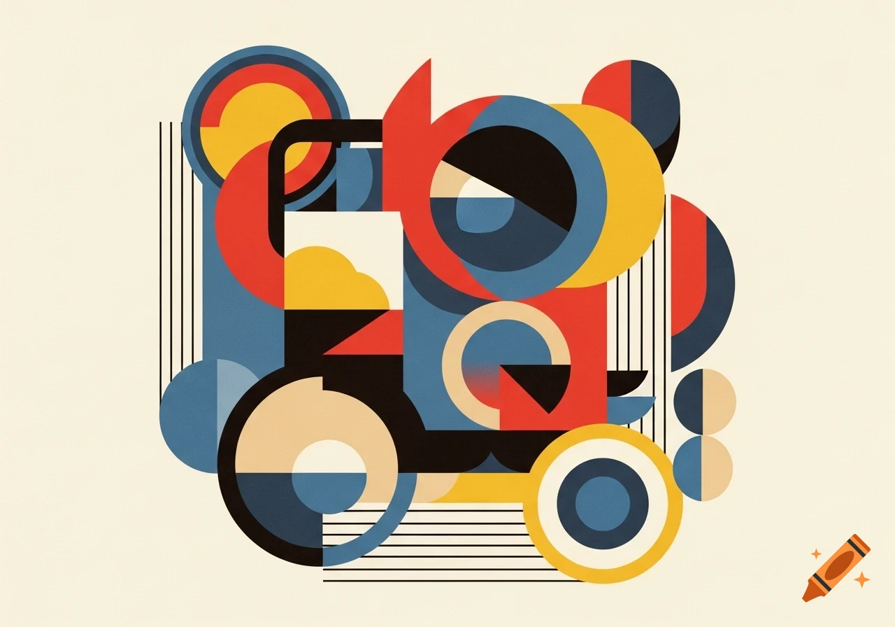 Abstract geometric art in Bauhaus style featuring circles, squares, and lines in red, blue, yellow, and black on a cream background.