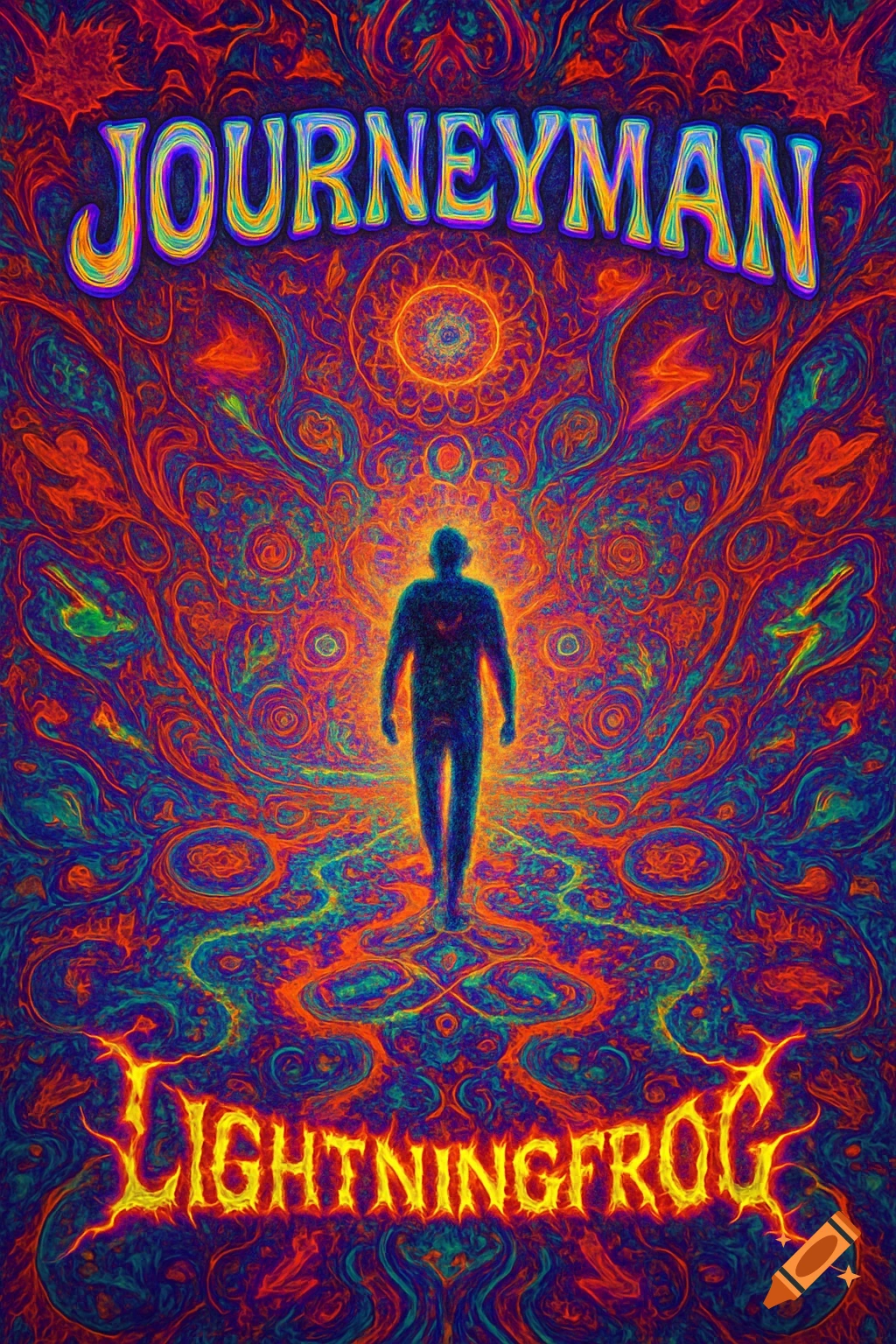 A vibrant, hyper-psychedelic album cover featuring a glowing silhouette on a neon fractal path. The words 'Journeyman' and 'Lightningfrog' are prominently displayed.