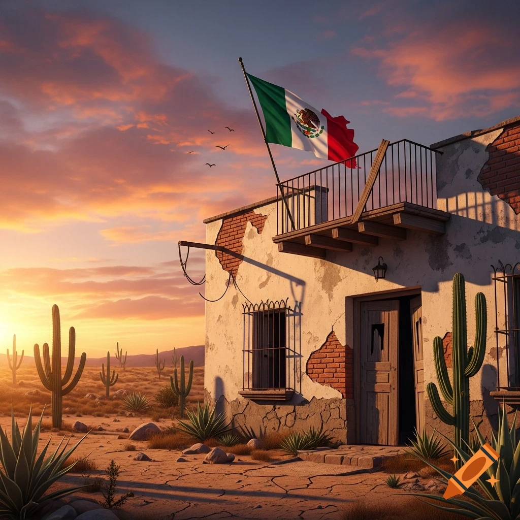 A dilapidated house with a Mexican flag on a balcony, surrounded by saguaro cacti in a desert at sunset.