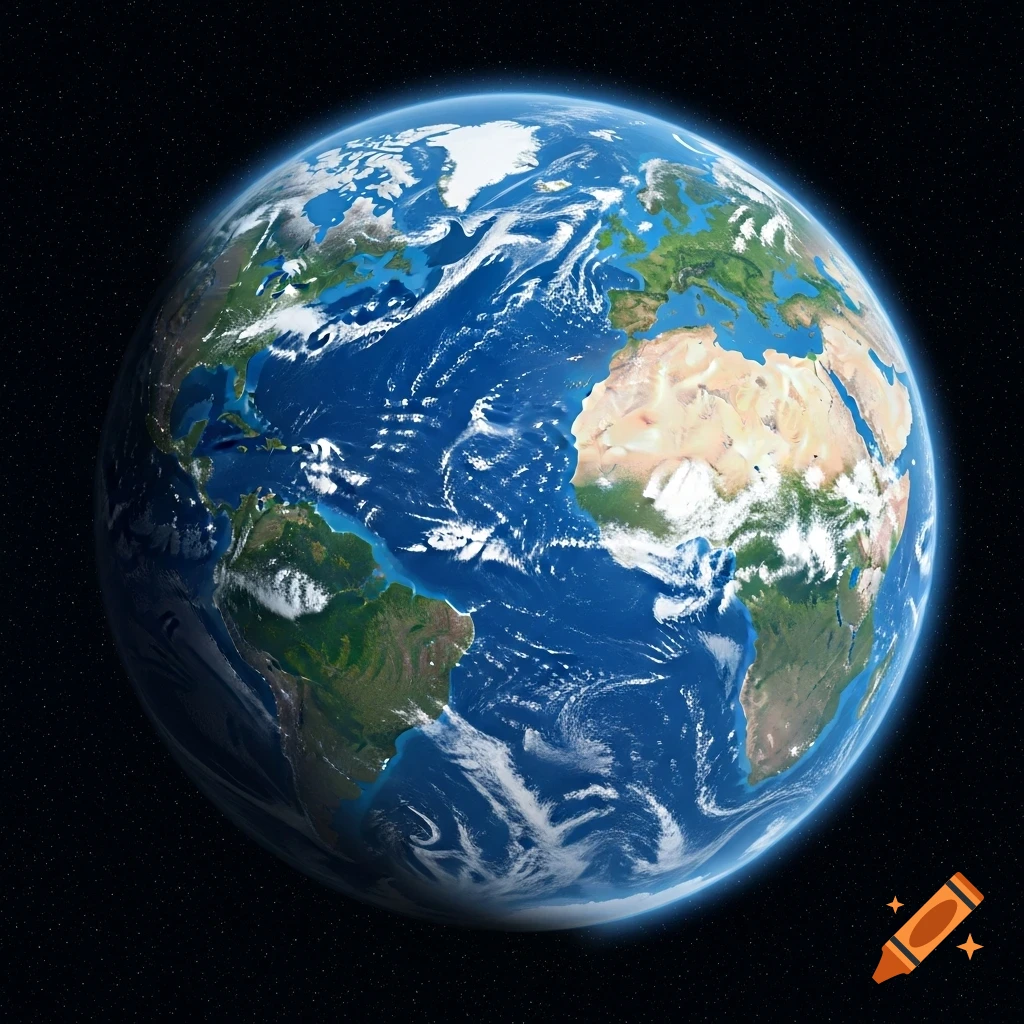 A detailed, photorealistic view of planet Earth from space, showing continents, oceans, and clouds against a starry background.