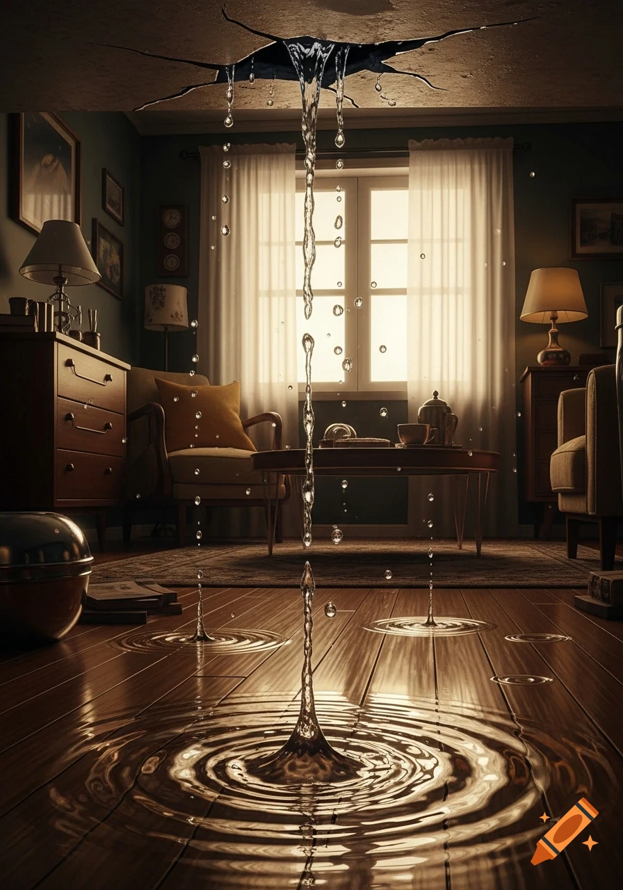 Photorealistic image of water leaking from a cracked ceiling into a cozy living room, creating ripples on the wooden floor.