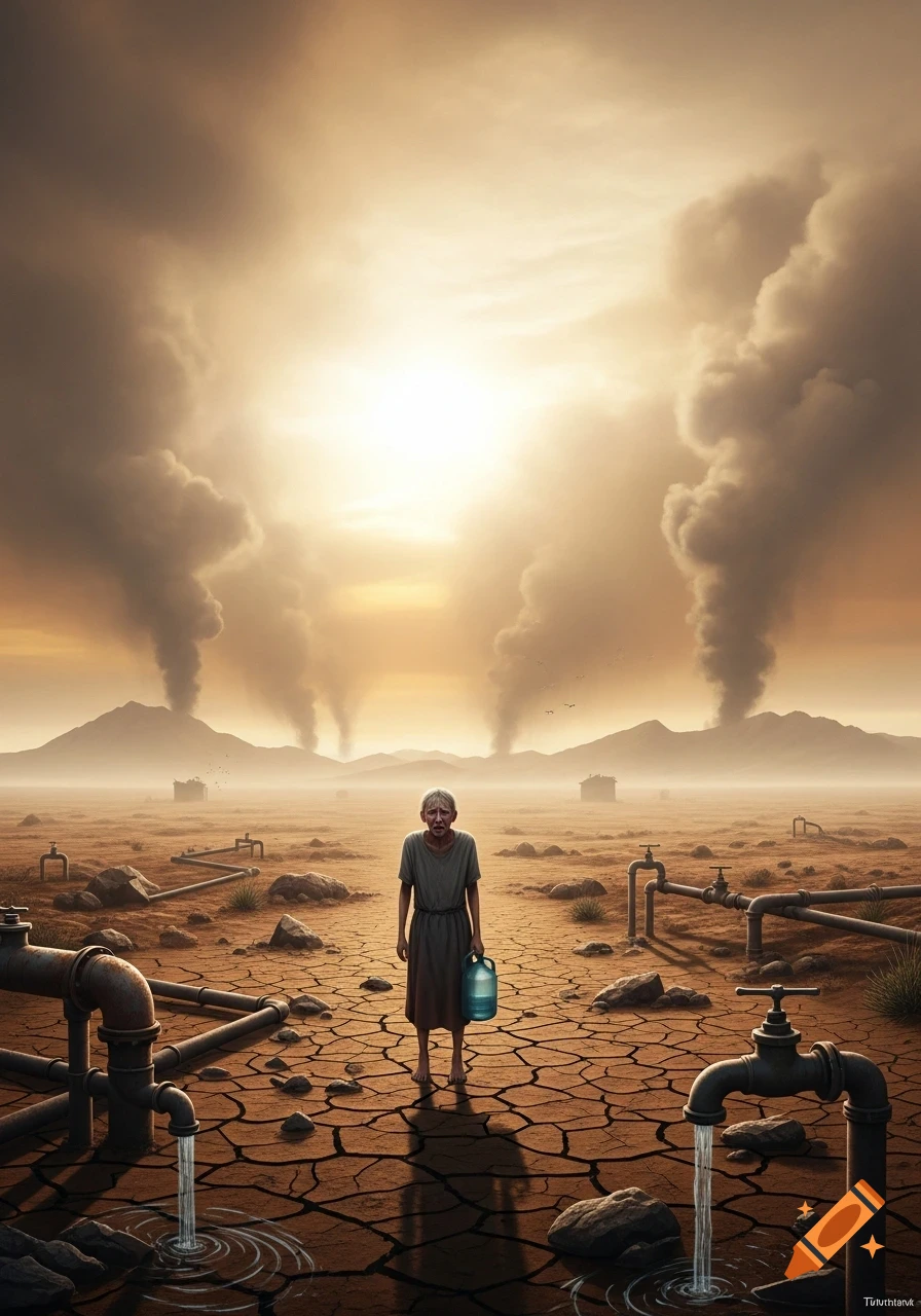 An old woman stands in a cracked desert, holding a water bottle, with smoking mountains and industrial pipes under a hazy sky.