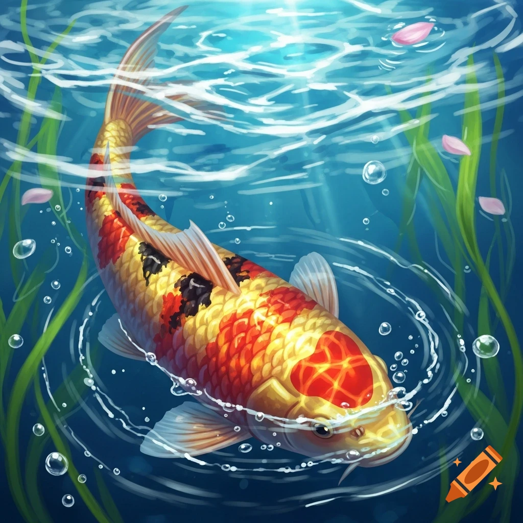 A vibrant orange, gold, and black koi fish swims in clear blue water with green plants, bubbles, and pink petals, digital art.
