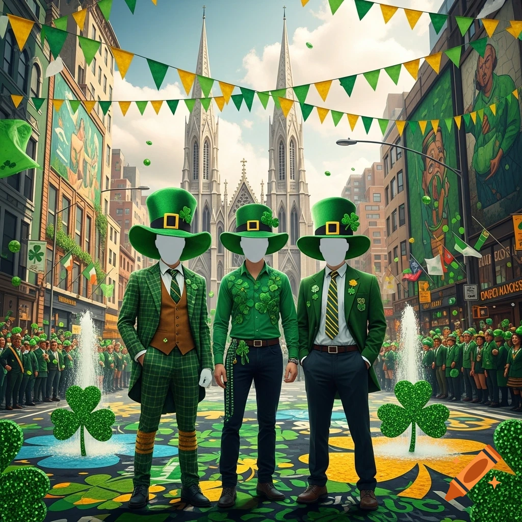 Three figures with blank faces in green St. Patrick's Day outfits stand on a shamrock-decorated street with a cathedral in the background.
