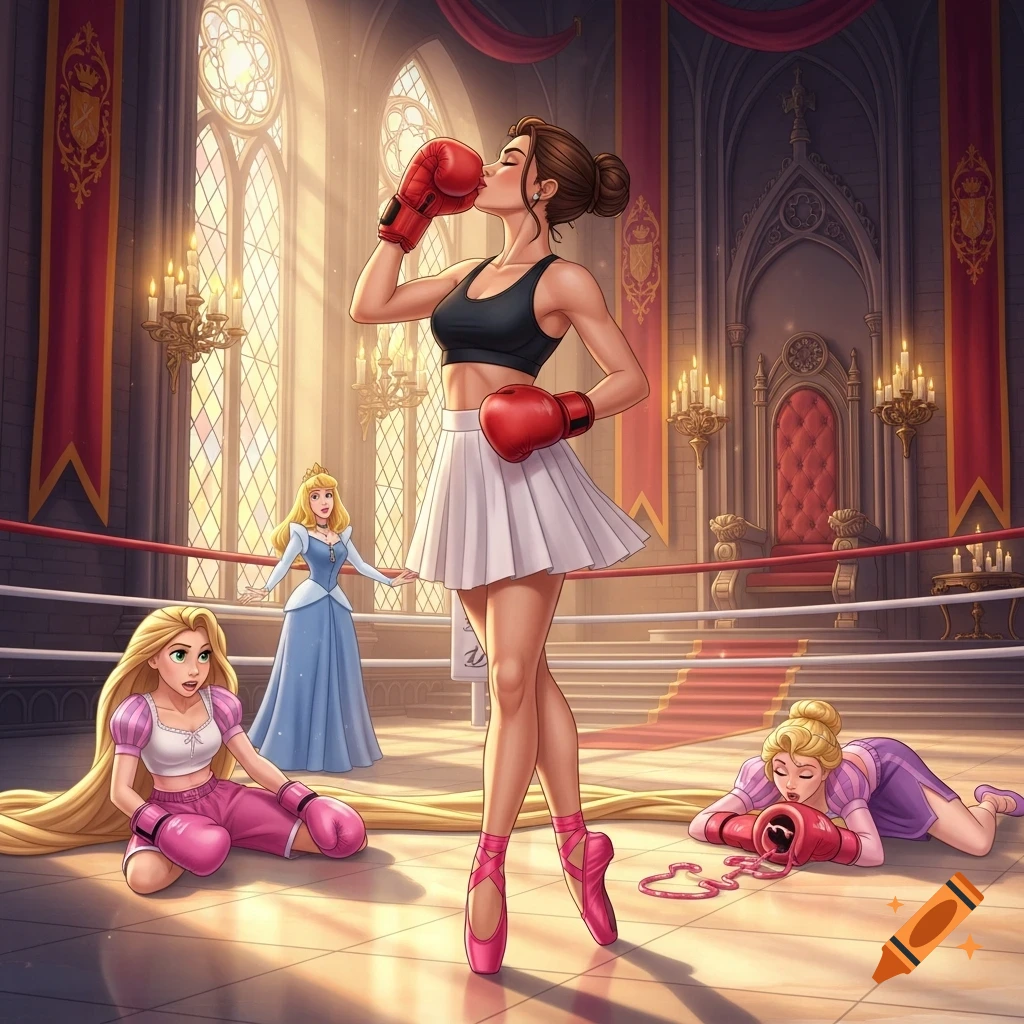 Fairytale illustration of a boxer kissing her glove in a boxing ring, with Rapunzel knocked out on the floor and Aurora looking shocked in a castle.