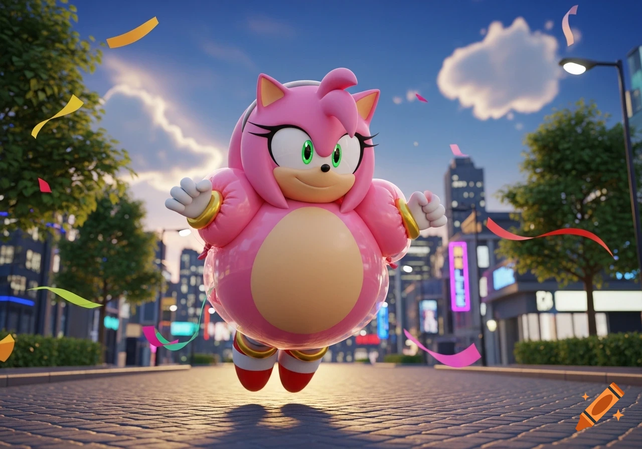 A 3D render of an inflated, balloon-like Amy Rose the Hedgehog floating above a city street with colorful confetti.