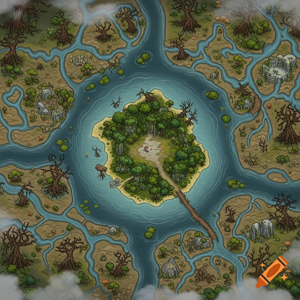 Overhead drawing of a fantasy swamp map with a large central island, surrounded by winding rivers, smaller landmasses, and old trees.