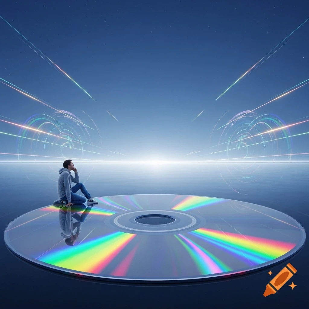 A person sits on a large, iridescent CD, reflecting on a futuristic horizon with light trails and glowing rings in a digital art style.