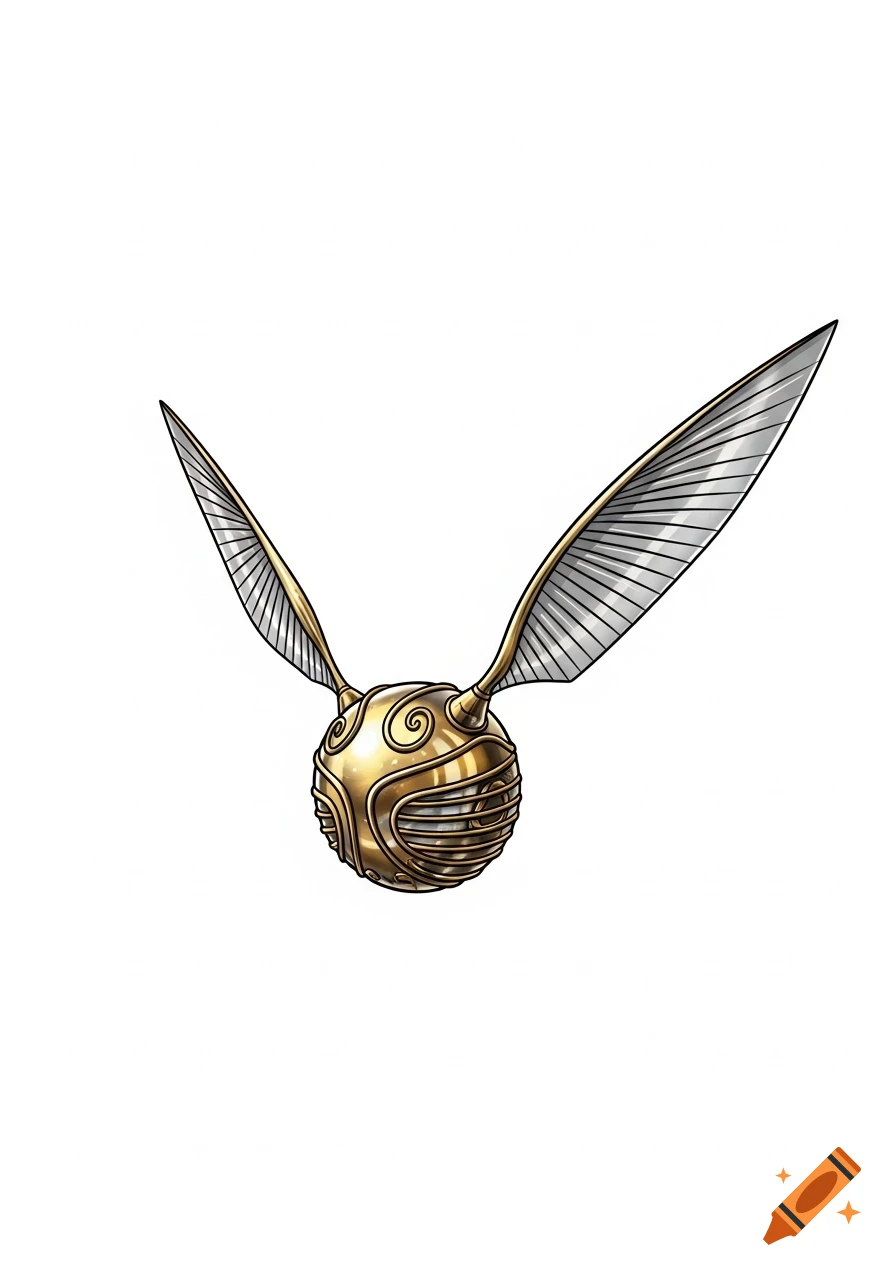 A stylized golden snitch with intricate details and silver wings, set against a plain white background.