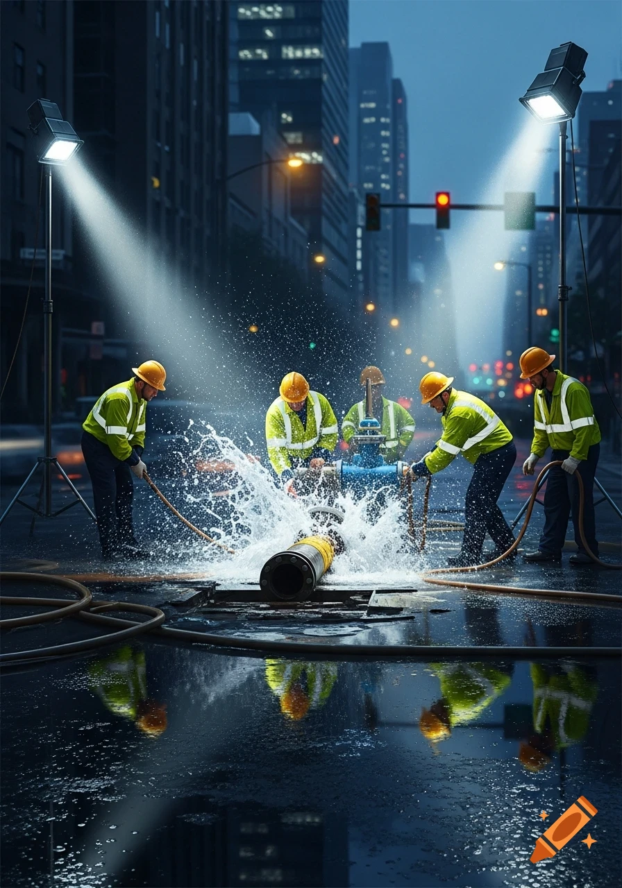Photorealistic image of construction workers in reflective gear repairing a burst water pipe on a city street at night.