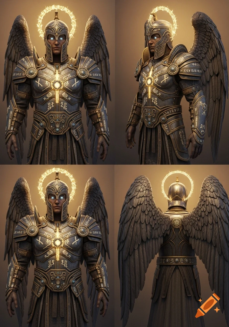 Four detailed views of a dark armored angel with large feathered wings and a glowing halo, inspired by ancient Babylonian and Assyrian styles.
