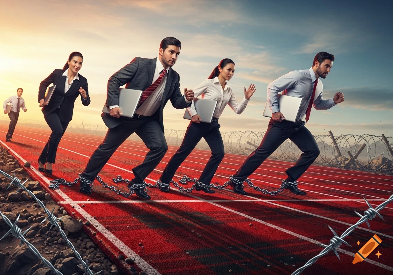Photorealistic image of business people in suits with laptops running on a red track, their feet chained, with barbed wire in the background.