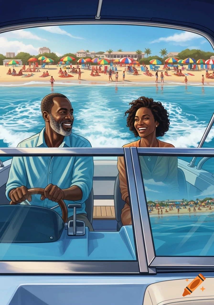 An illustration of a smiling Black couple on a boat, with the man driving, passing a busy beach with people and umbrellas.