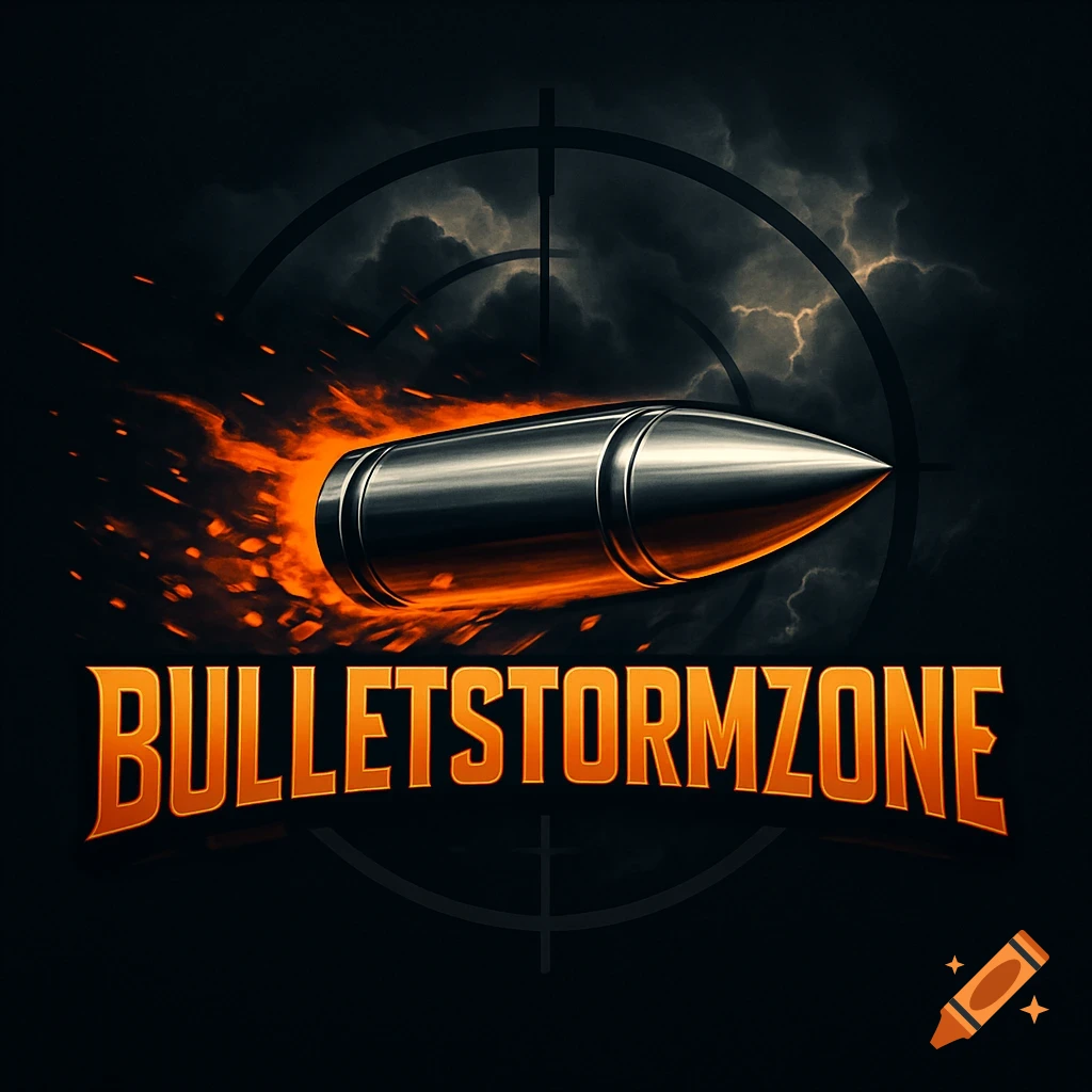 A fierce gaming logo with a silver bullet trailing fire, 'BULLETSTORMZONE' text, and a crosshair on a dark, stormy background.