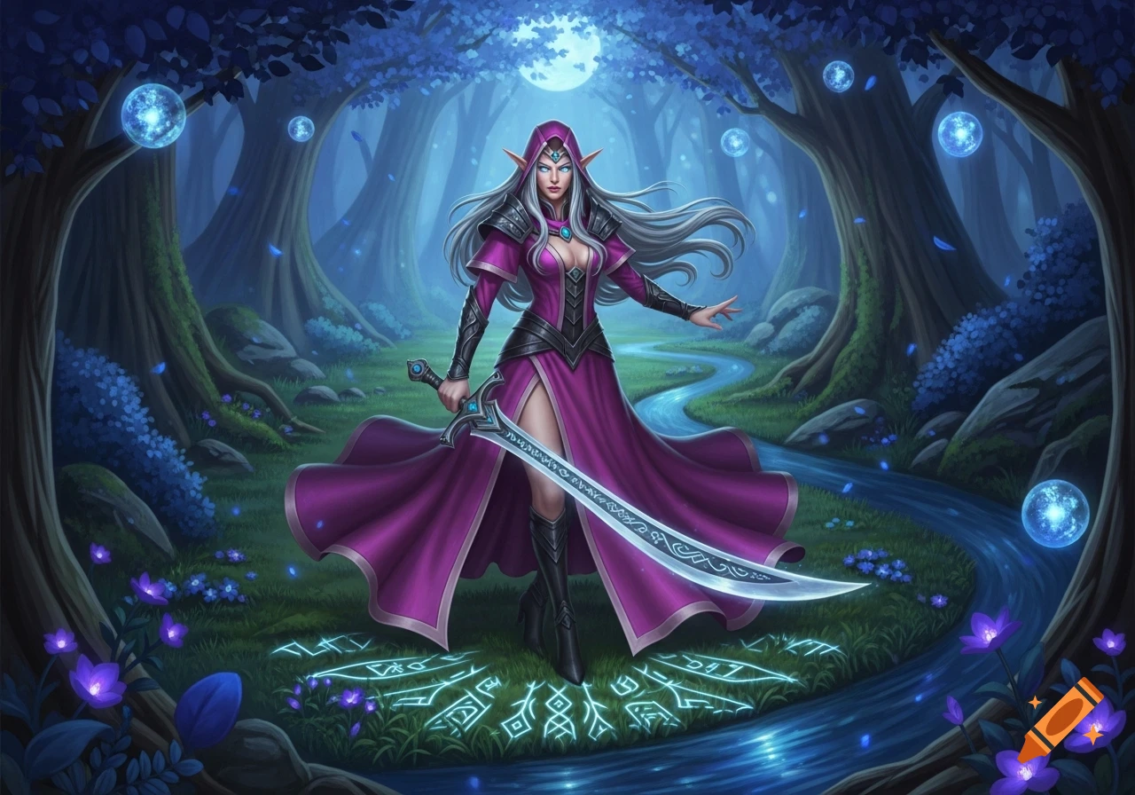 A female elf magus with long white hair, purple robe, and a glowing scimitar stands in a moonlit magical forest with a winding river.