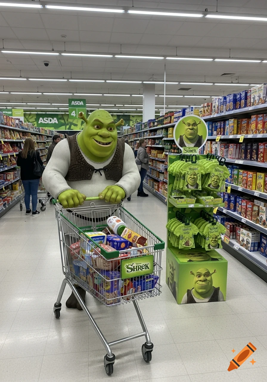 Shrek pushes a full shopping cart down a supermarket aisle, passing a display of Shrek merchandise.