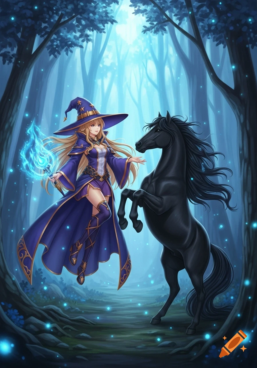 An anime witch in a blue robe, holding a glowing staff, stands beside a rearing black horse in a magical blue forest.