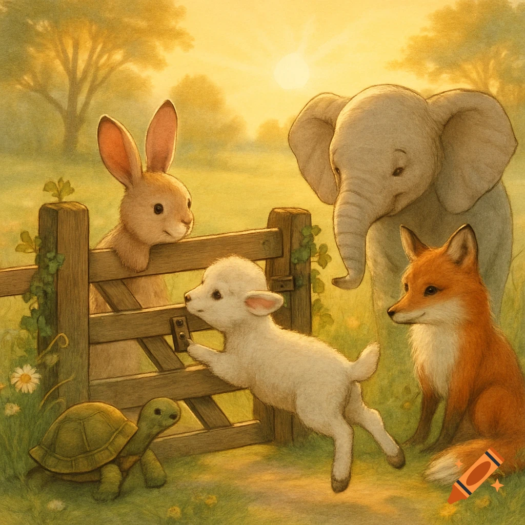 A storybook illustration of a lamb trying to open a wooden gate, watched by a bunny, elephant, fox, and turtle in a sunny meadow.
