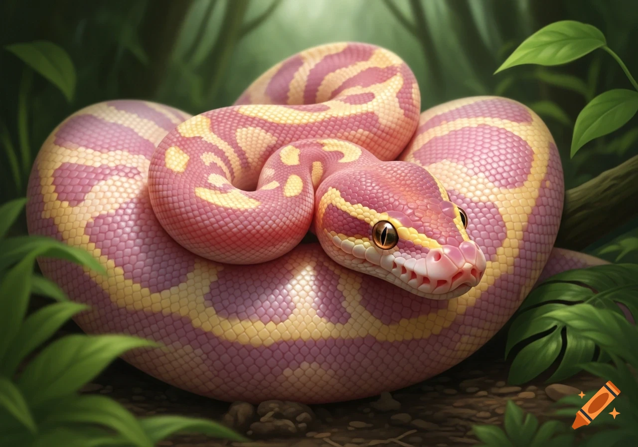 A photorealistic pink and gold patterned ball python coiled amidst lush green jungle foliage.