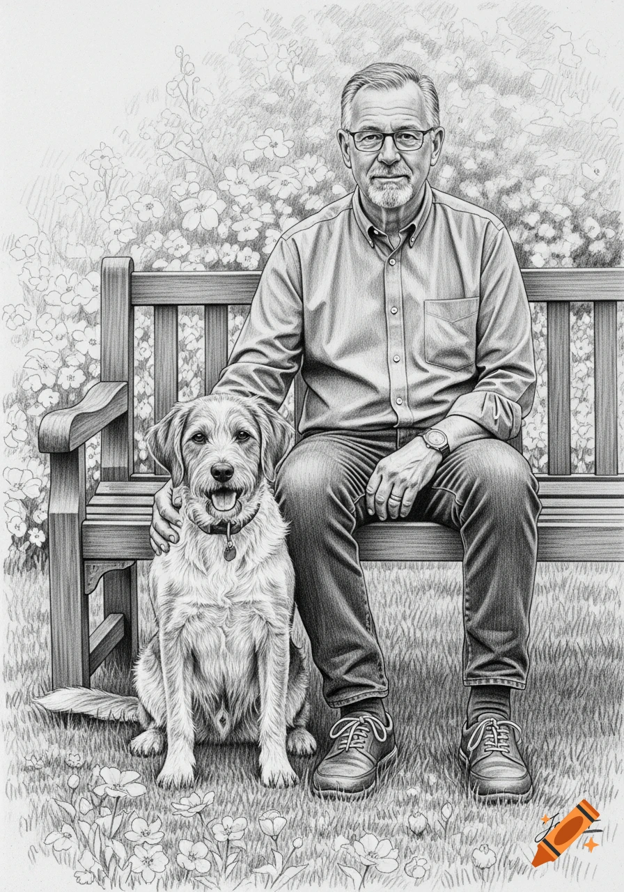 A realistic pencil drawing of an older man sitting on a park bench, gently petting a happy dog next to him, with flowers in the background.