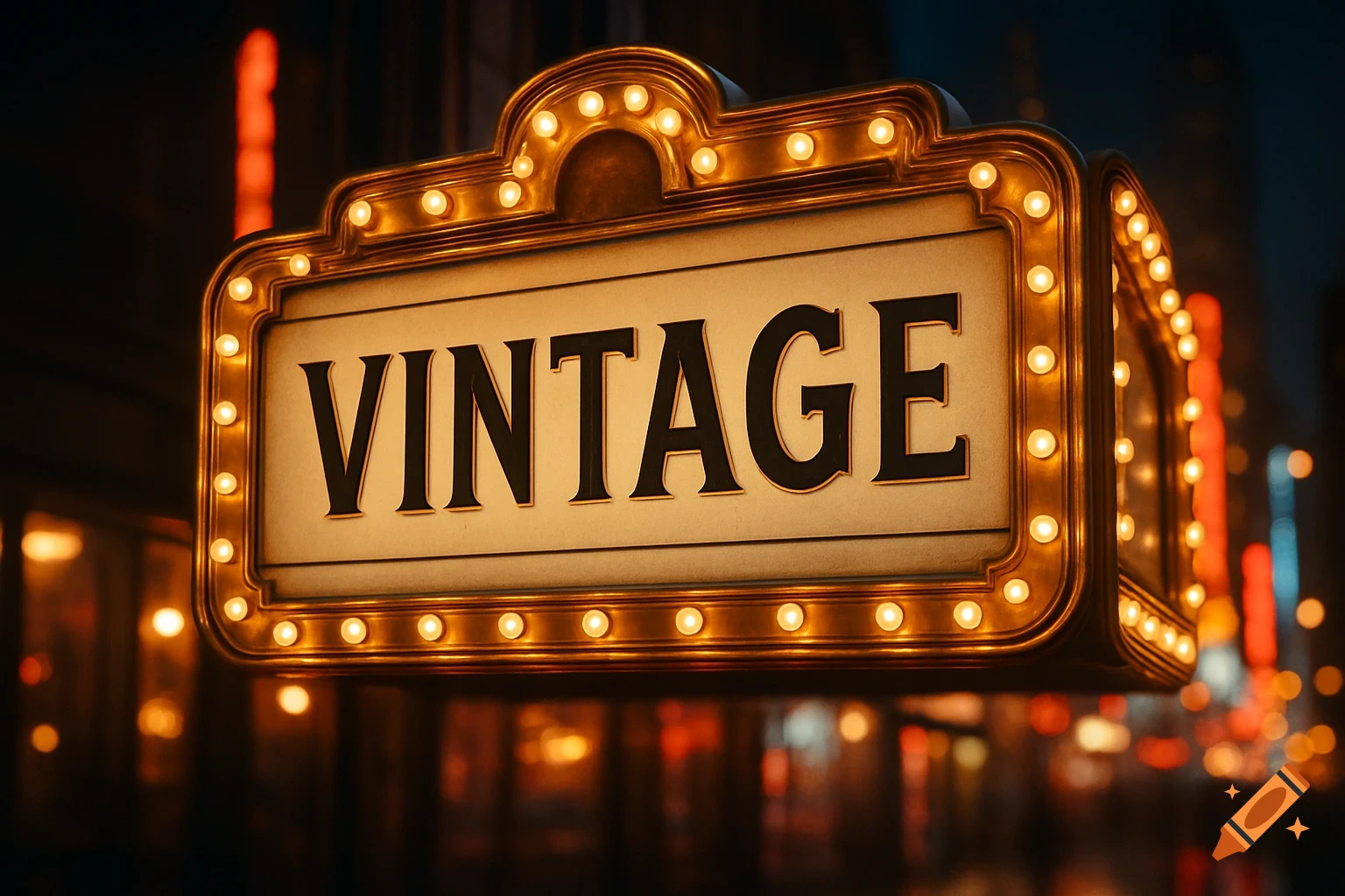 A vintage marquee sign with illuminated bulbs displaying the word 'VINTAGE' against a blurred night city background.