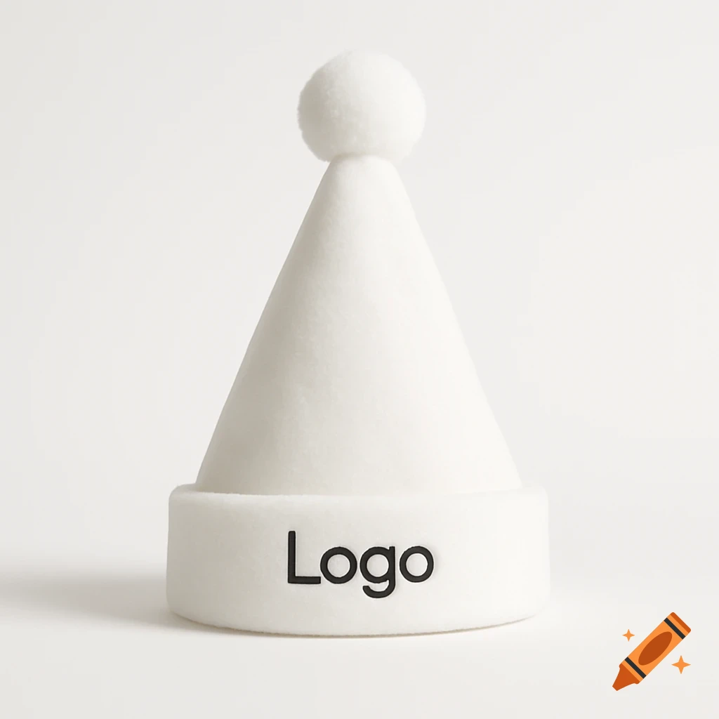 A white conical hat with a white pompom on top and the word "Logo" printed on its white band, set against a plain white background.
