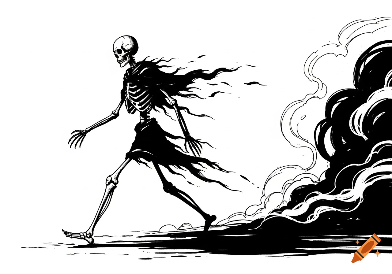 A dramatic black ink drawing of a skeletal figure in a tattered cloak walking, leaving a trail of smoke.