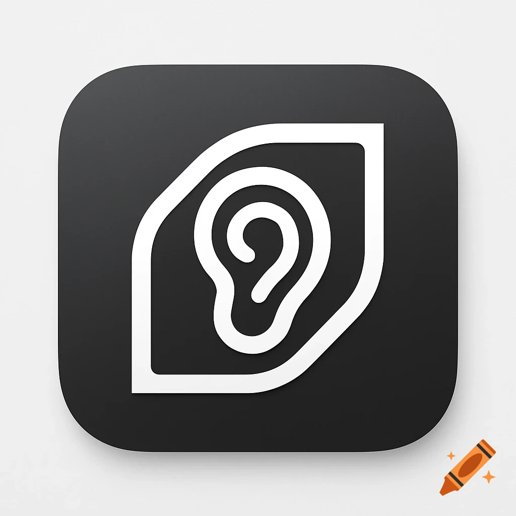 A minimalist app logo featuring a white outline of an ear within a leaf shape on a black square background.