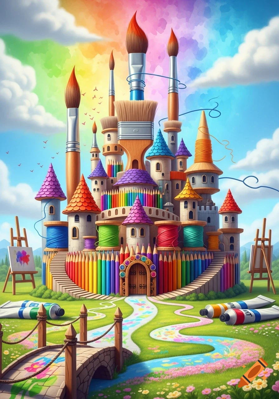 A whimsical castle constructed from oversized art supplies, including paintbrushes as turrets, colored pencils as walls, and spools of thread. A colorful path leads to its entrance, with paint tubes and easels in a grassy foreground, under a rainbow sky.