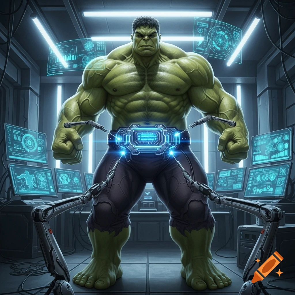 Muscular green Hulk stands in a futuristic lab with glowing blue monitors and a tech belt, in a comic book art style.