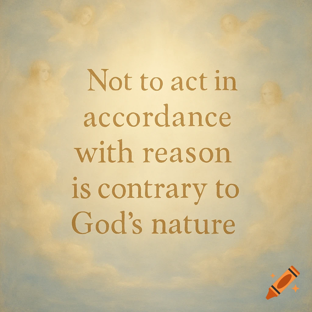 A philosophical quote, "Not to act in accordance with reason is contrary to God's nature", set against a soft, ethereal background of clouds and faint angelic figures.