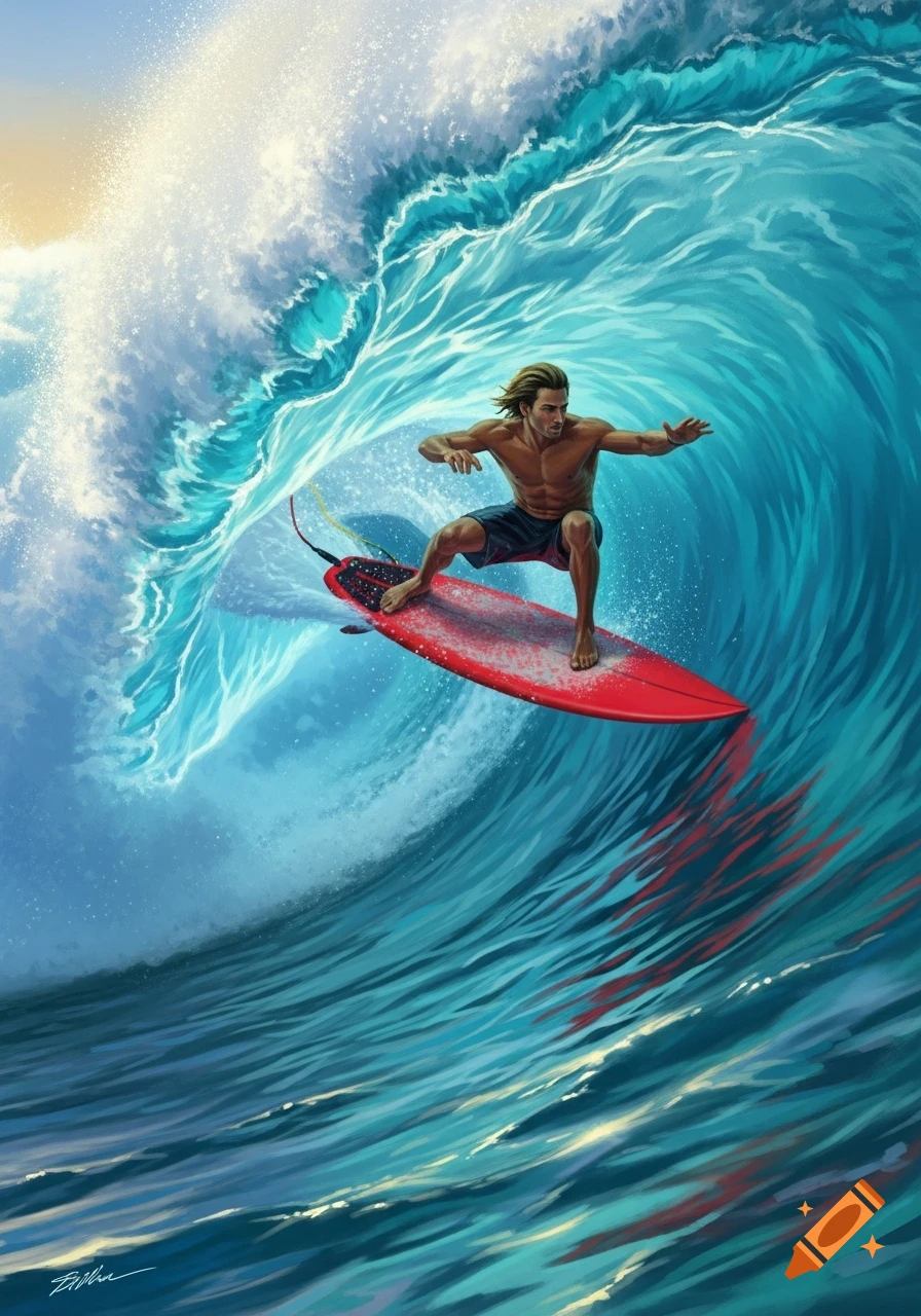 An athletic male surfer on a red surfboard rides a massive blue wave with a bright sun glare, illustration.