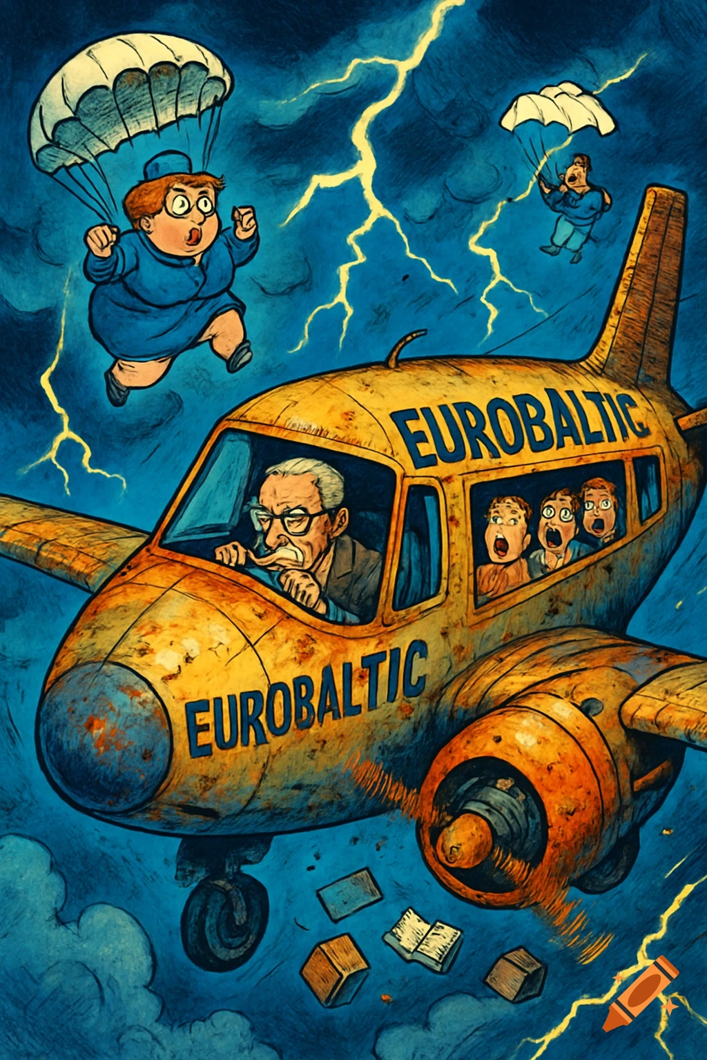 Cartoon drawing of an old Eurobaltic airplane crashing during a lightning storm, with a pilot, scared passengers, and parachuting people.