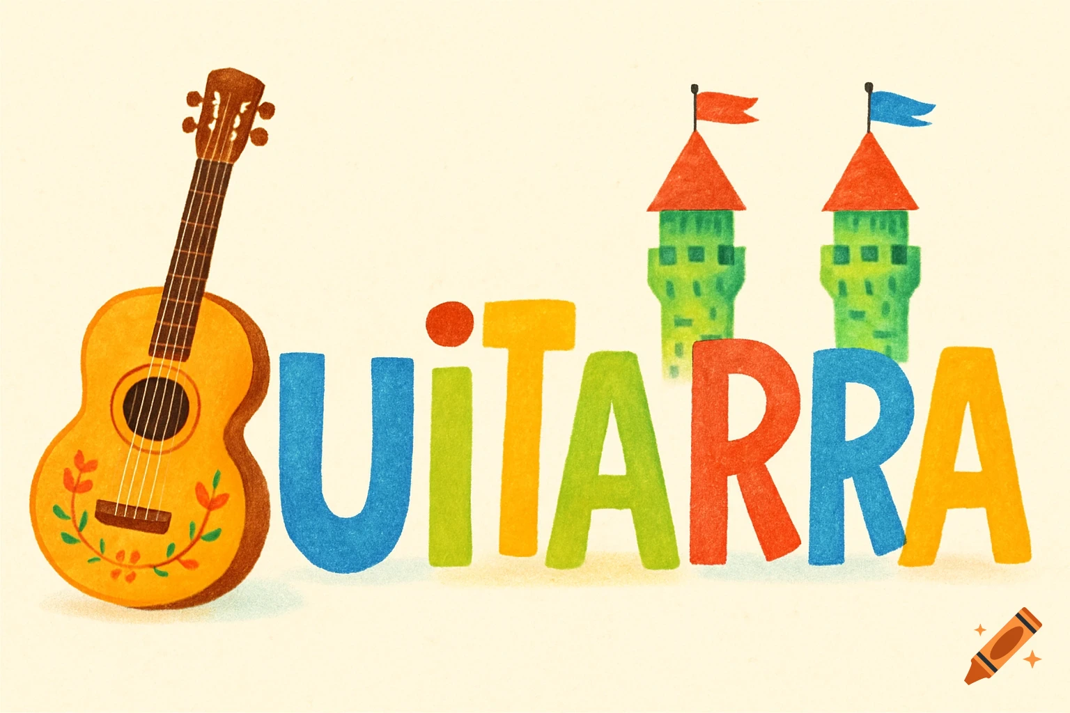 Colorful illustration of the word 'GUITARRA' with the 'G' represented by a decorated acoustic guitar, and the 'R's as castle towers with flags, in a childish, textured style.